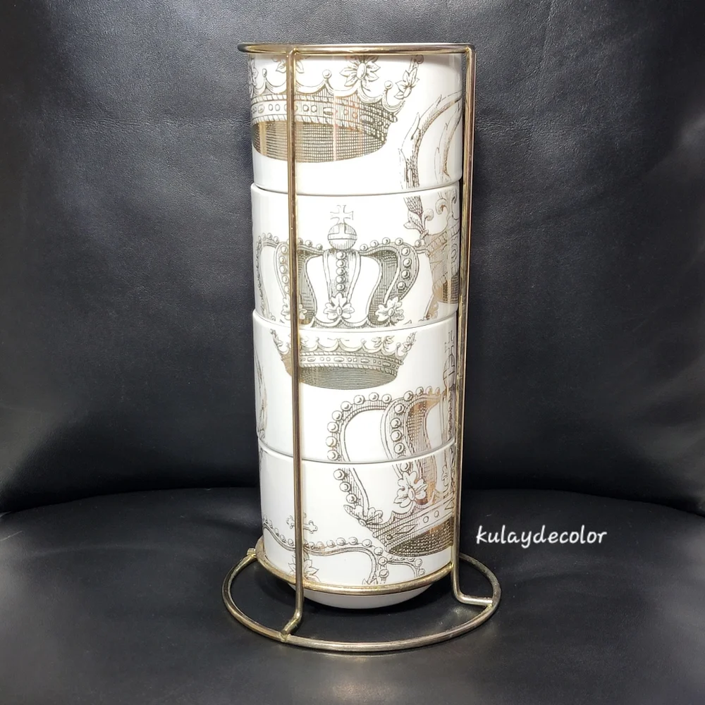 Pier 1 Imports Gold Crown Print Stacking Mugs Set w/ Gold Metal Rack Coffee Cups